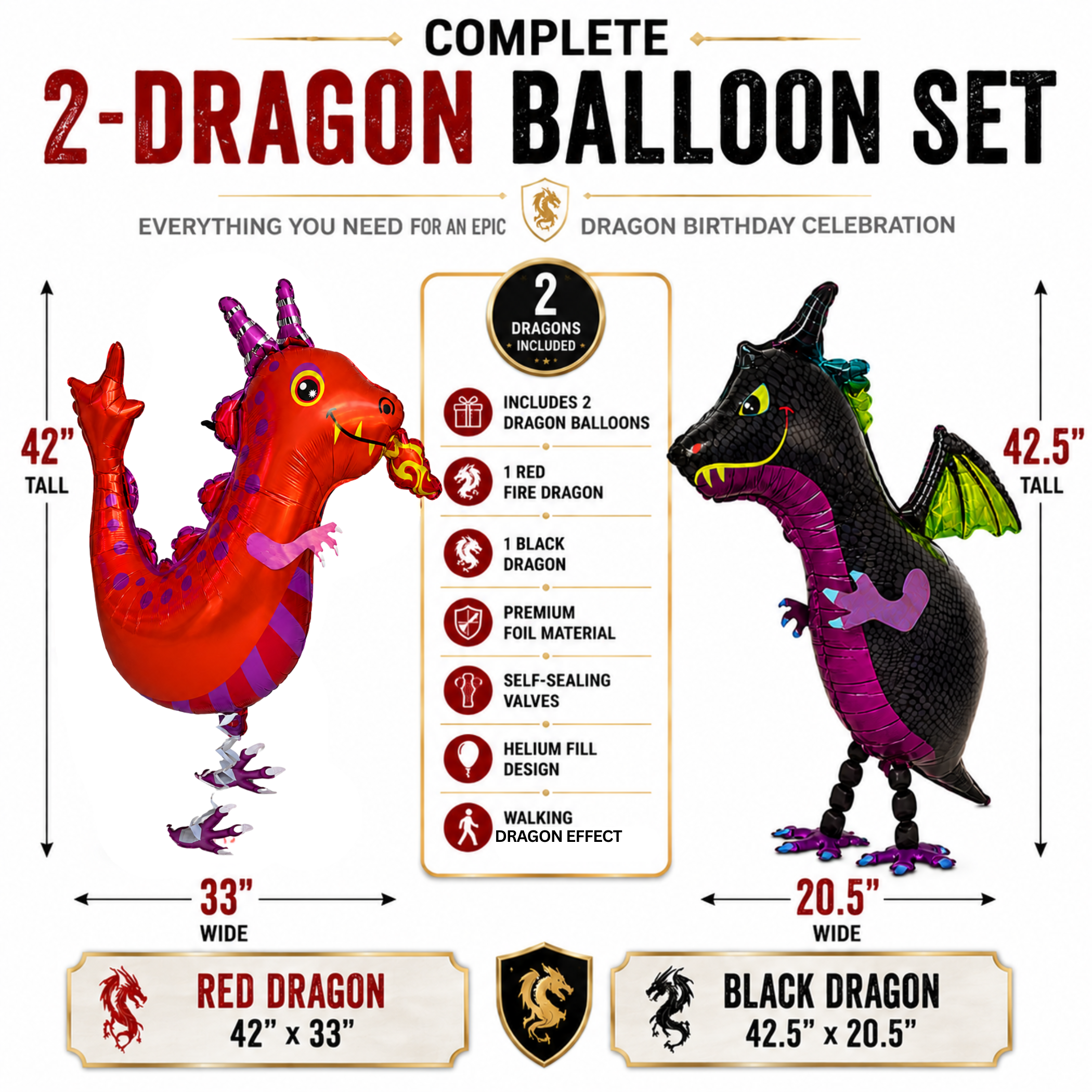 Black and Red Walking Dragon Balloons Set of 2