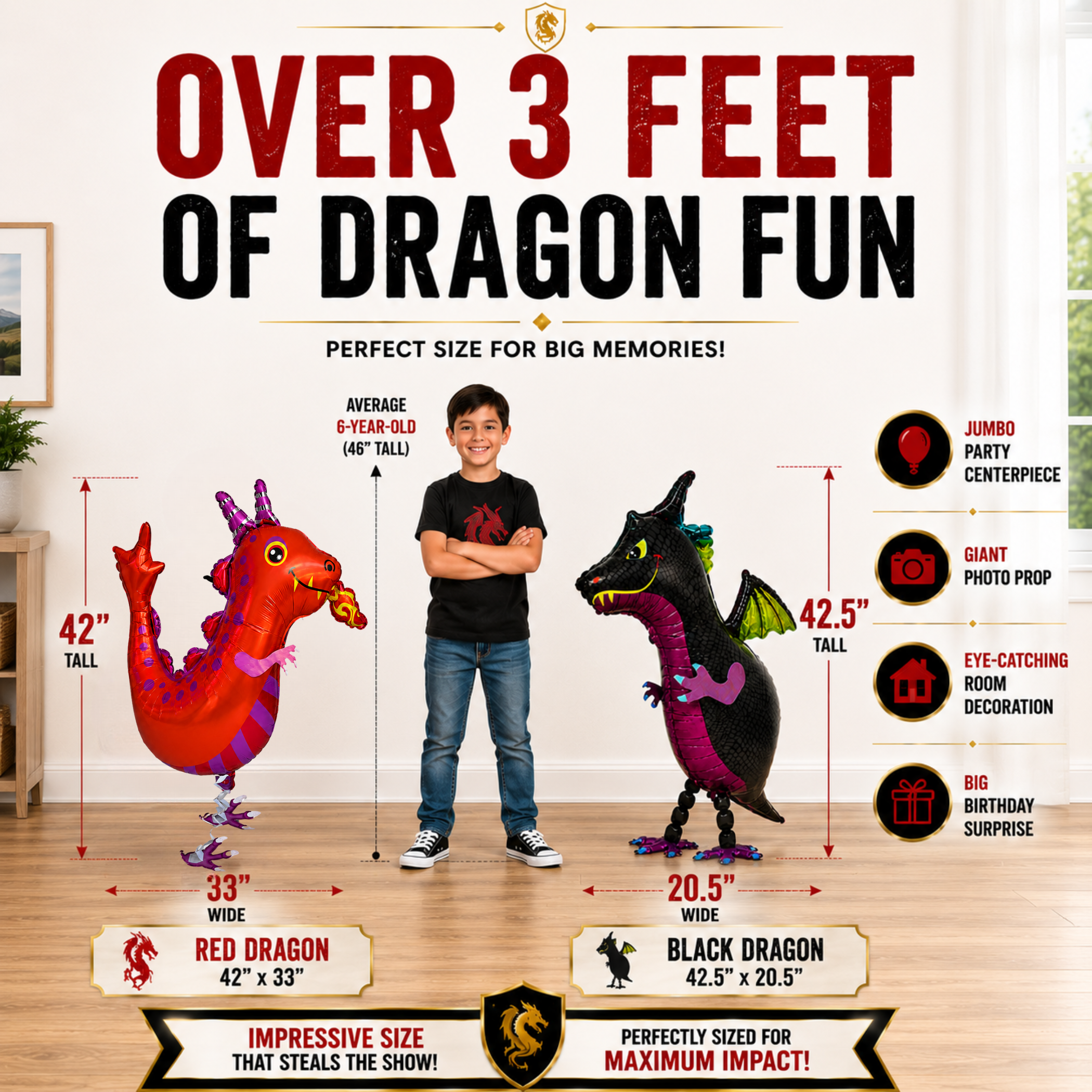 Black and Red Walking Dragon Balloons Set of 2