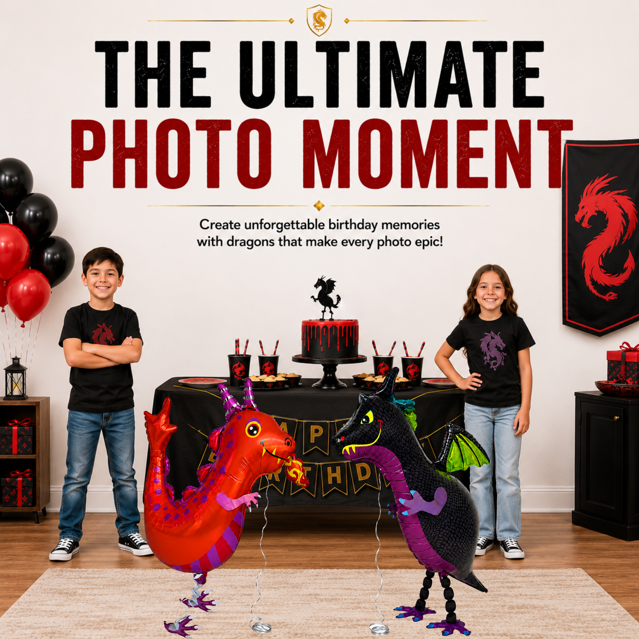 Black and Red Walking Dragon Balloons Set of 2