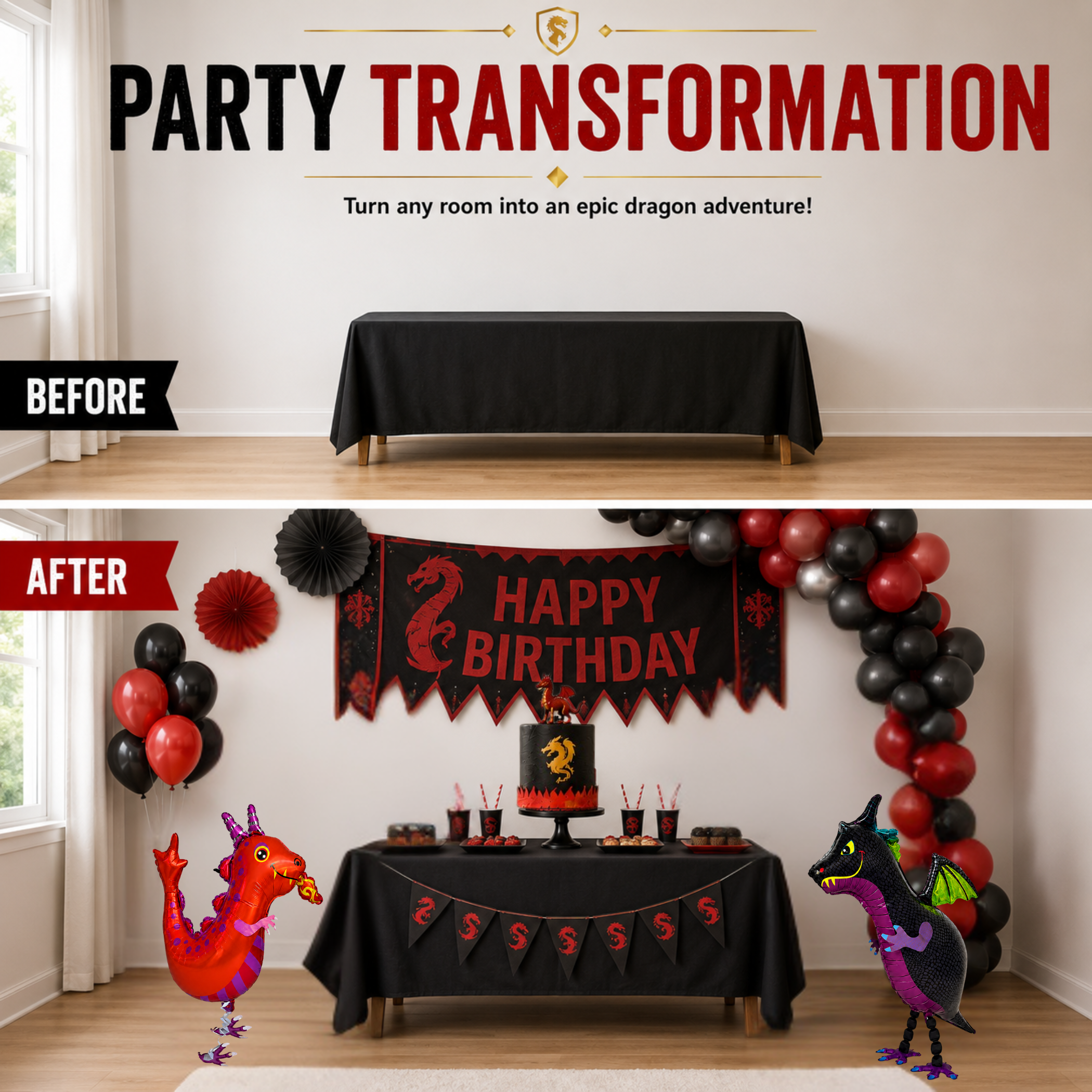 Black and Red Walking Dragon Balloons Set of 2