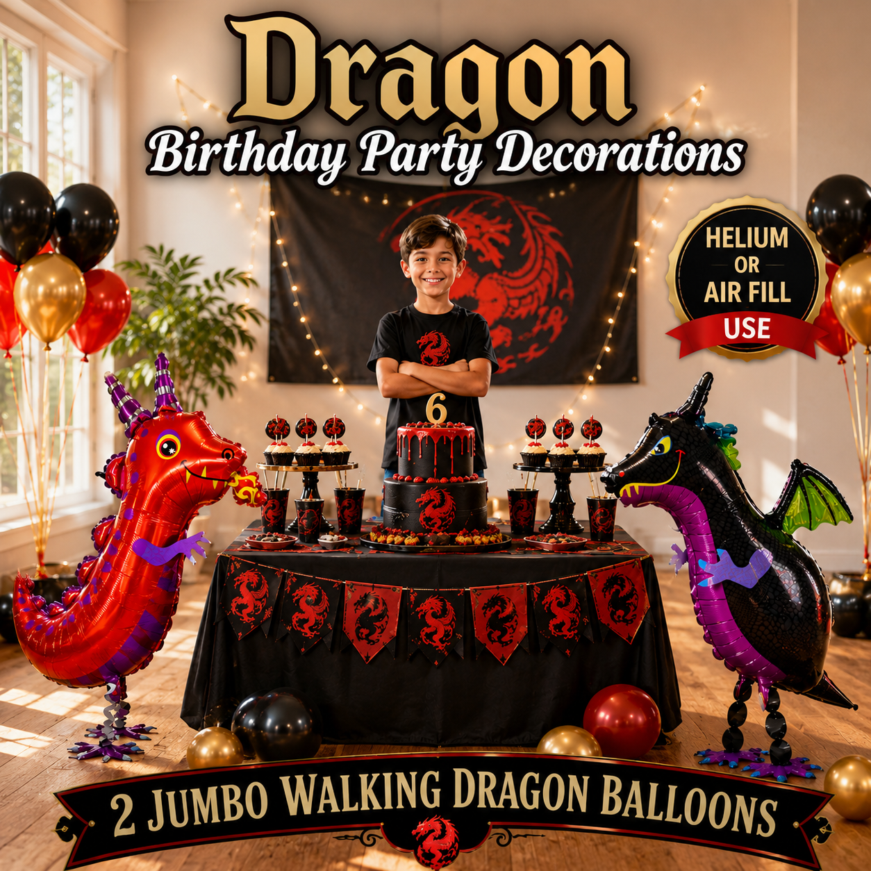 Black and Red Walking Dragon Balloons Set of 2