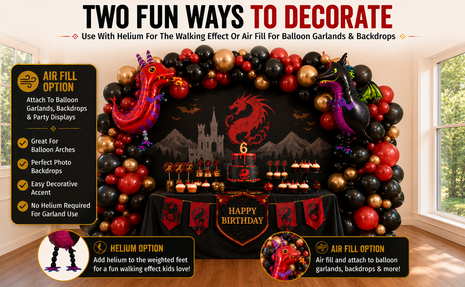Black and Red Walking Dragon Balloons Set of 2