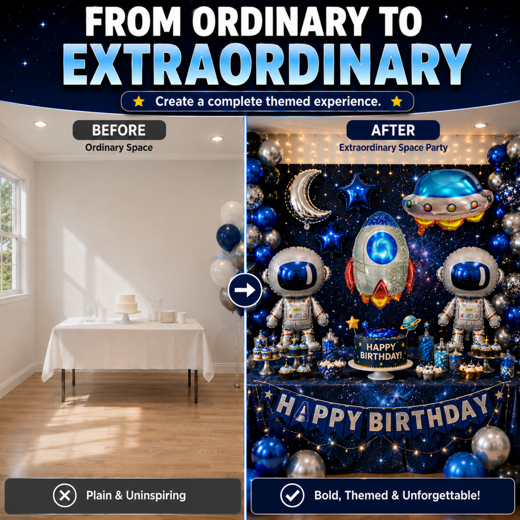 Space Birthday Decorations Balloon Set | Jumbo Astronaut, Rocket, UFO, Moon & Stars