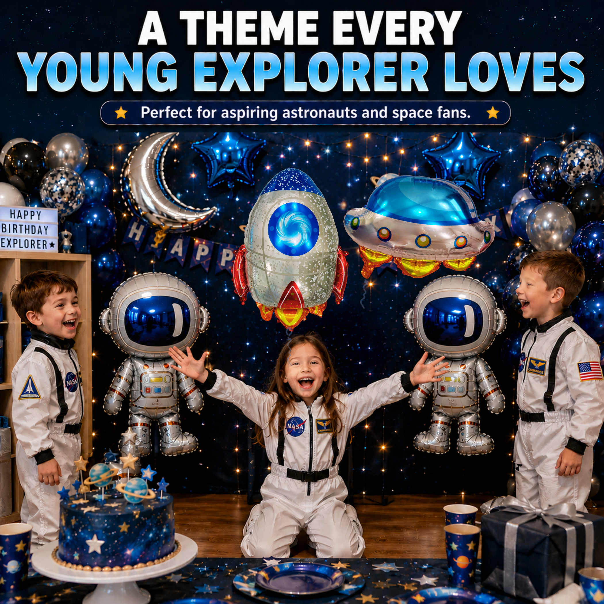 Space Birthday Decorations Balloon Set | Jumbo Astronaut, Rocket, UFO, Moon & Stars