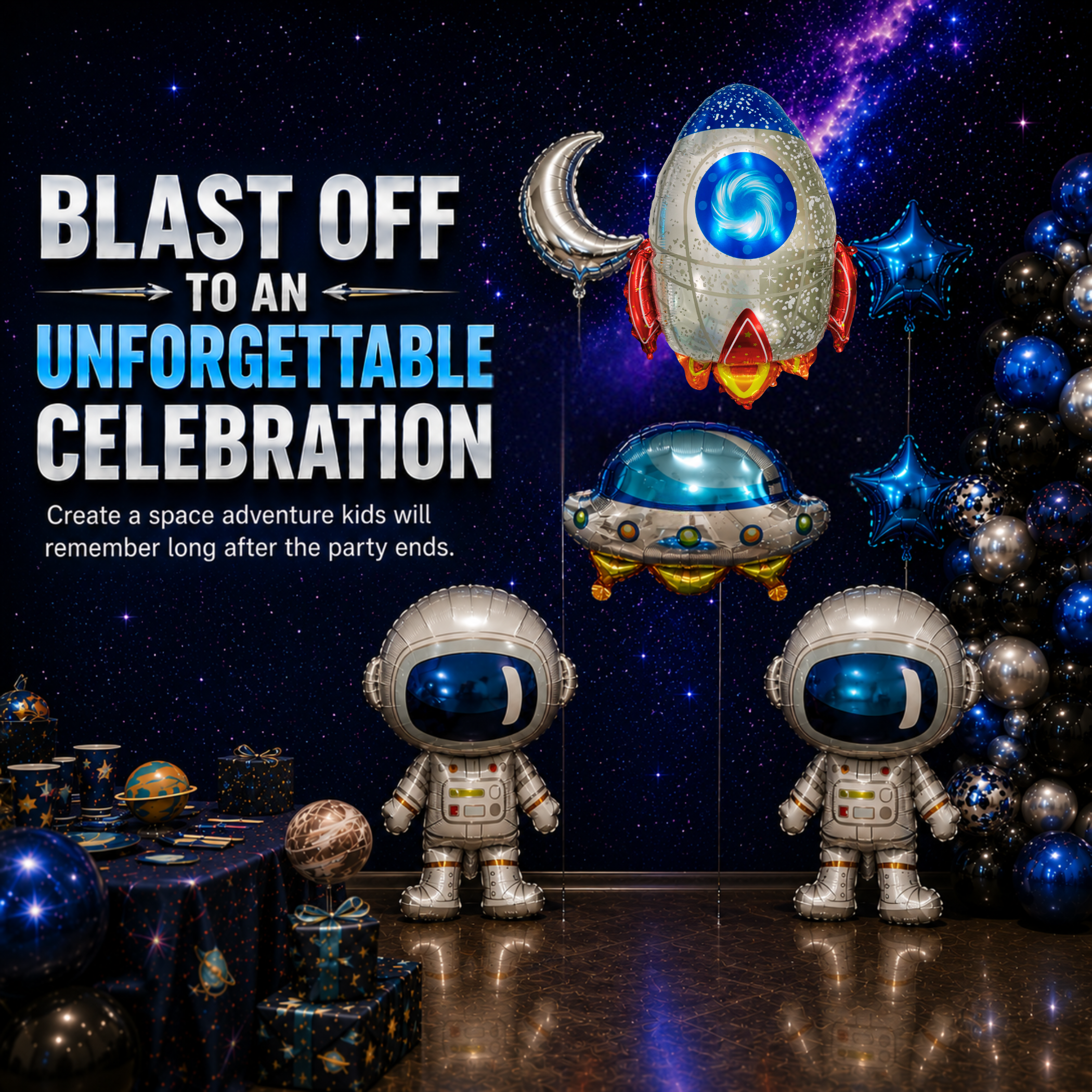 Space Birthday Decorations Balloon Set | Jumbo Astronaut, Rocket, UFO, Moon & Stars