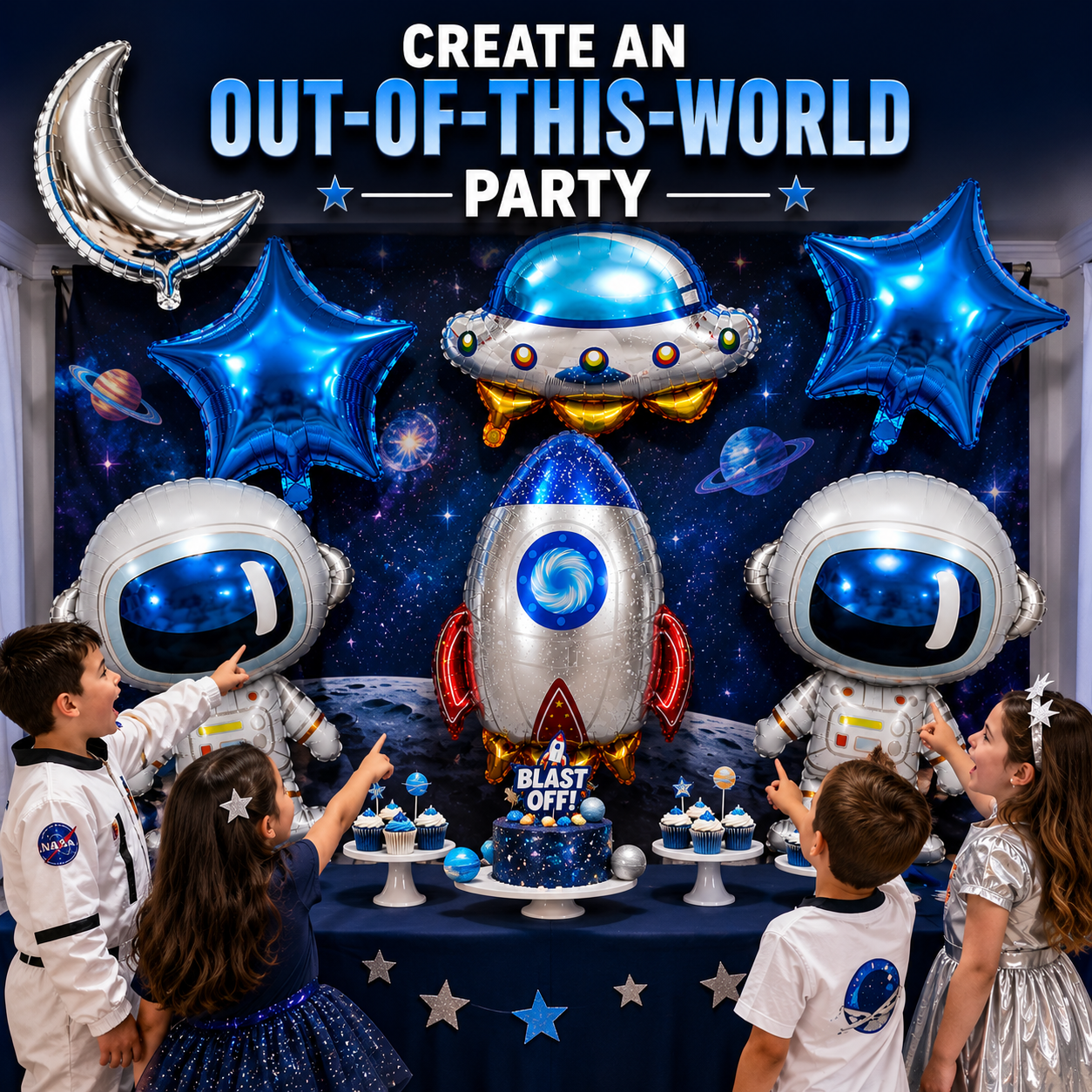 Space Birthday Decorations Balloon Set | Jumbo Astronaut, Rocket, UFO, Moon & Stars