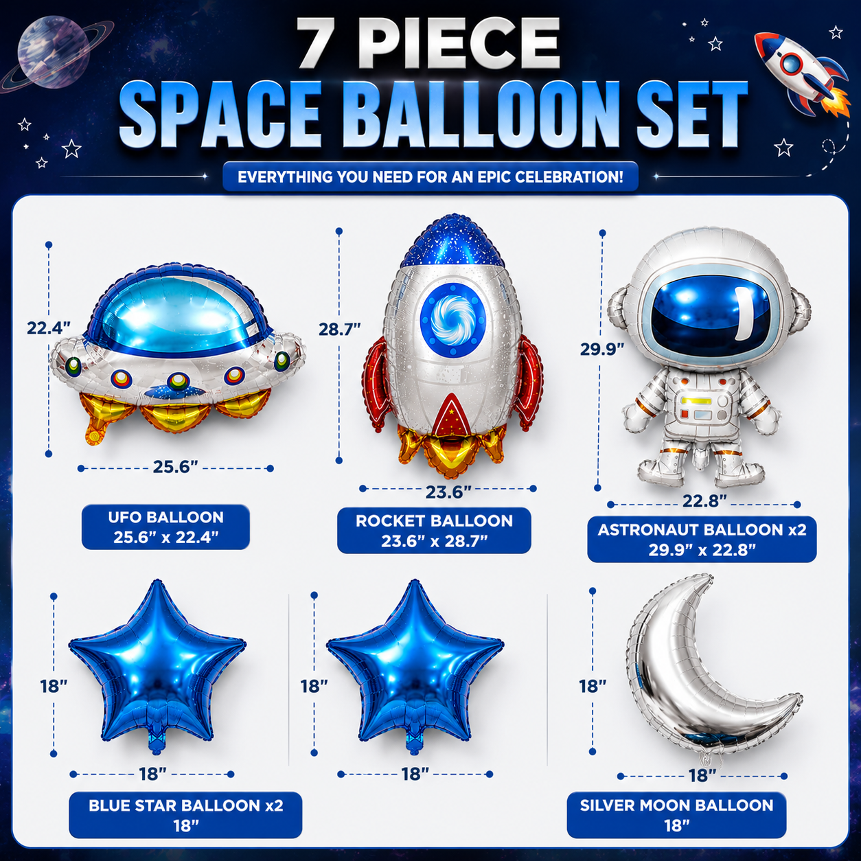 Space Birthday Decorations Balloon Set | Jumbo Astronaut, Rocket, UFO, Moon & Stars