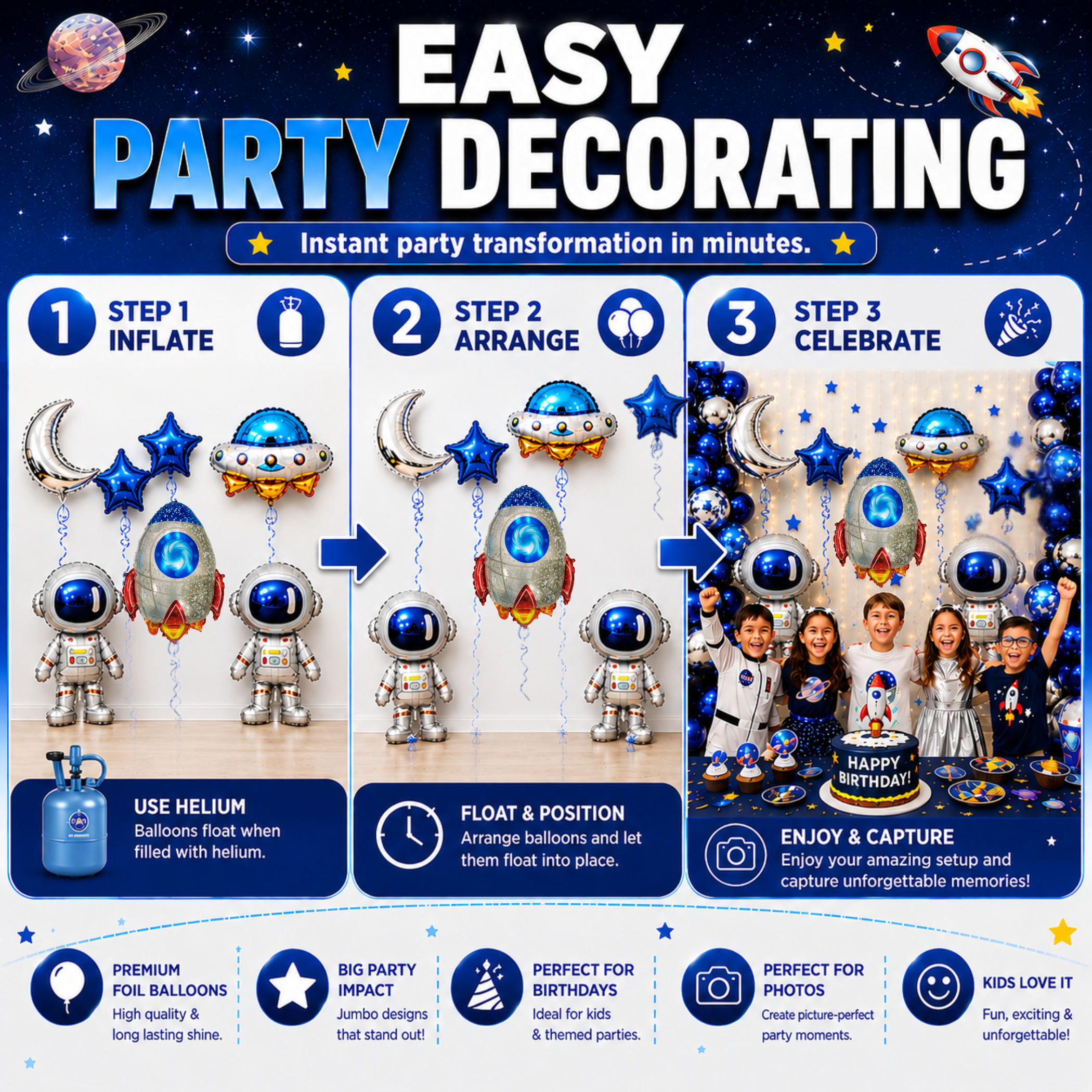Space Birthday Decorations Balloon Set | Jumbo Astronaut, Rocket, UFO, Moon & Stars