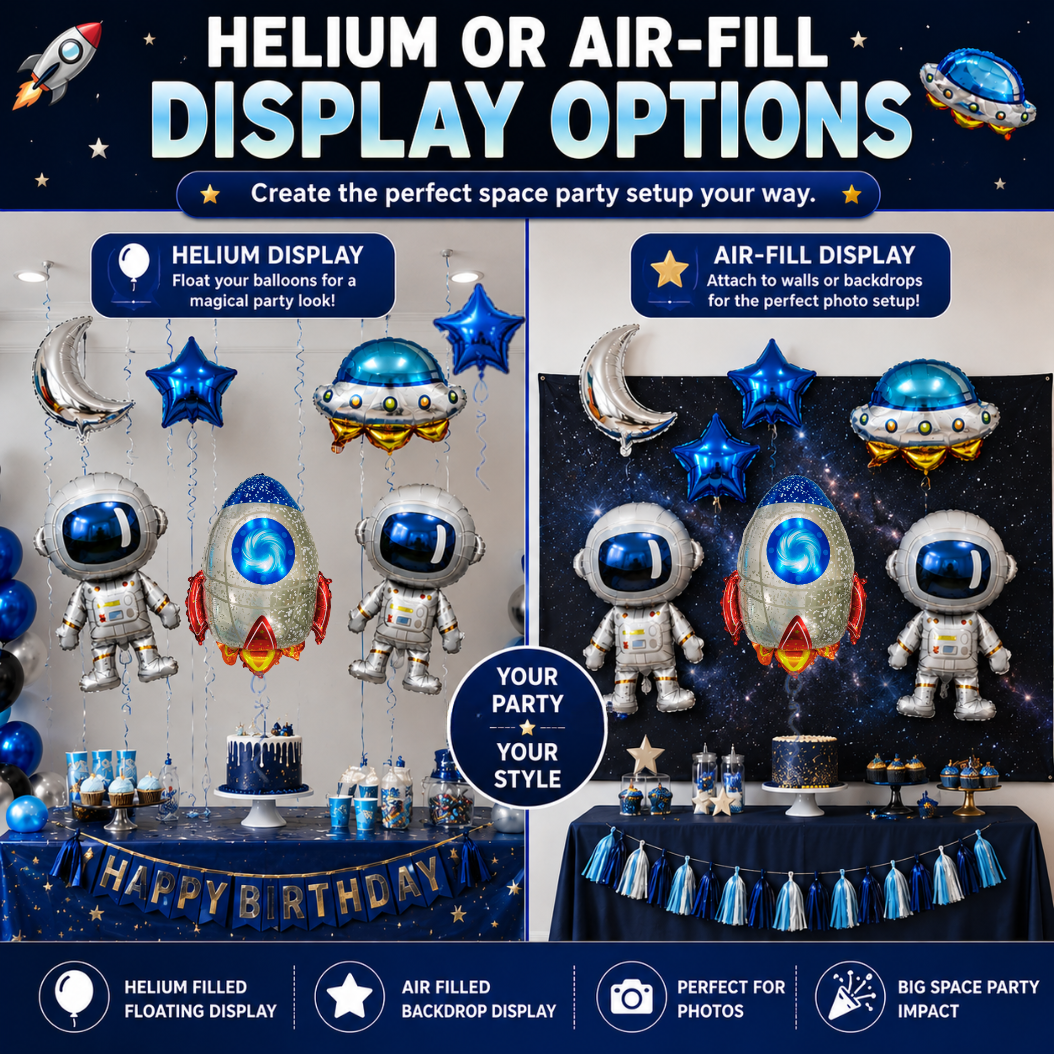Space Birthday Decorations Balloon Set | Jumbo Astronaut, Rocket, UFO, Moon & Stars