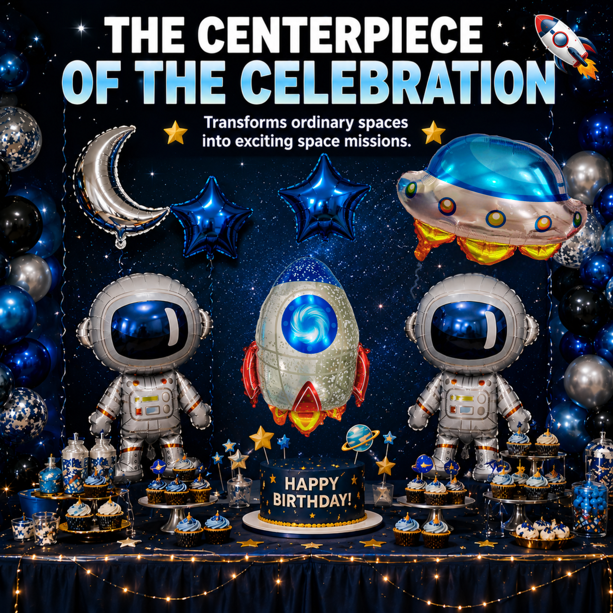 Space Birthday Decorations Balloon Set | Jumbo Astronaut, Rocket, UFO, Moon & Stars