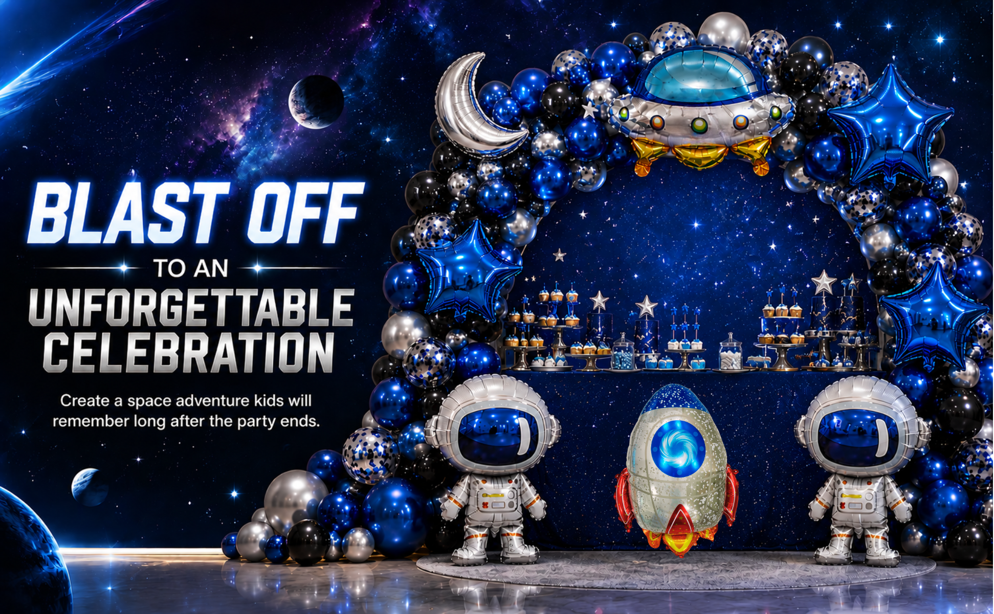 Space Birthday Decorations Balloon Set | Jumbo Astronaut, Rocket, UFO, Moon & Stars