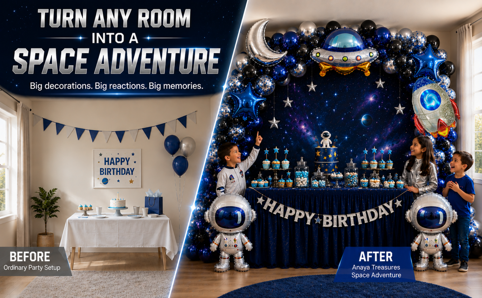 Space Birthday Decorations Balloon Set | Jumbo Astronaut, Rocket, UFO, Moon & Stars