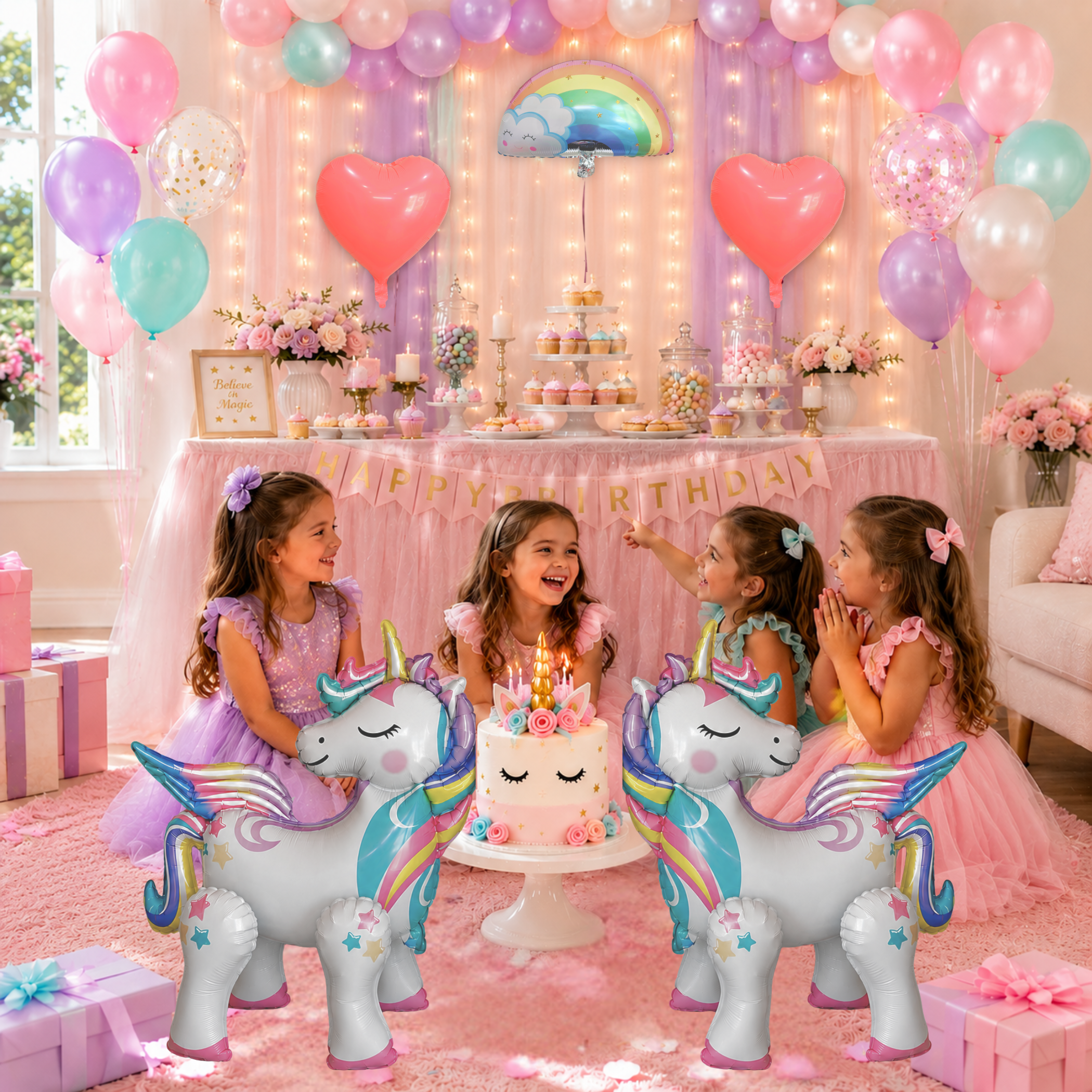 Standing Unicorn Balloons with Rainbow and Heart Balloons Set of 5
