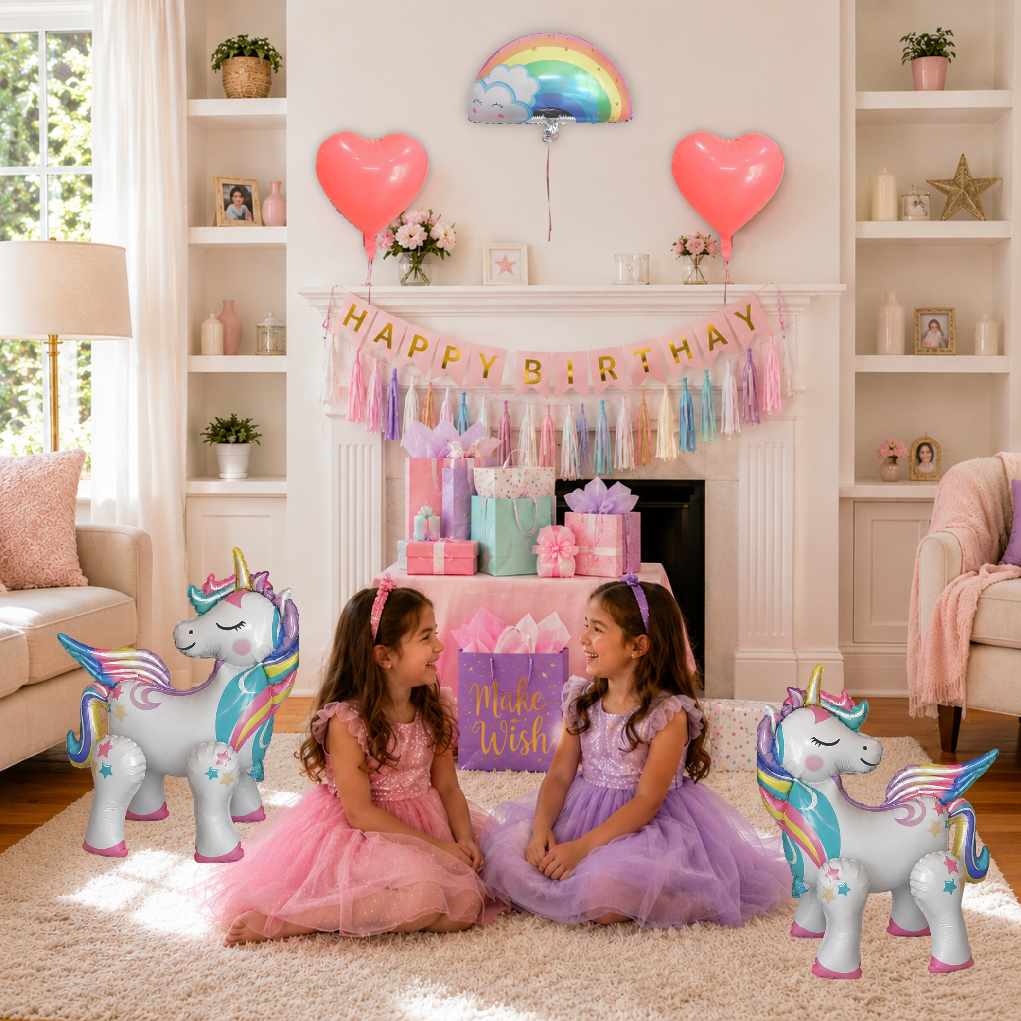 Standing Unicorn Balloons with Rainbow and Heart Balloons Set of 5