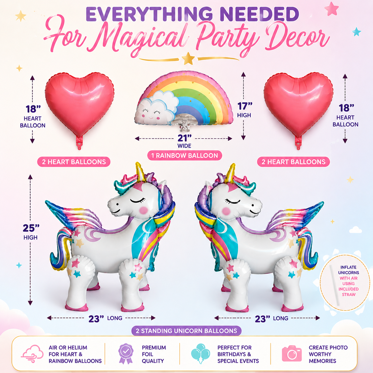 Standing Unicorn Balloons with Rainbow and Heart Balloons Set of 5
