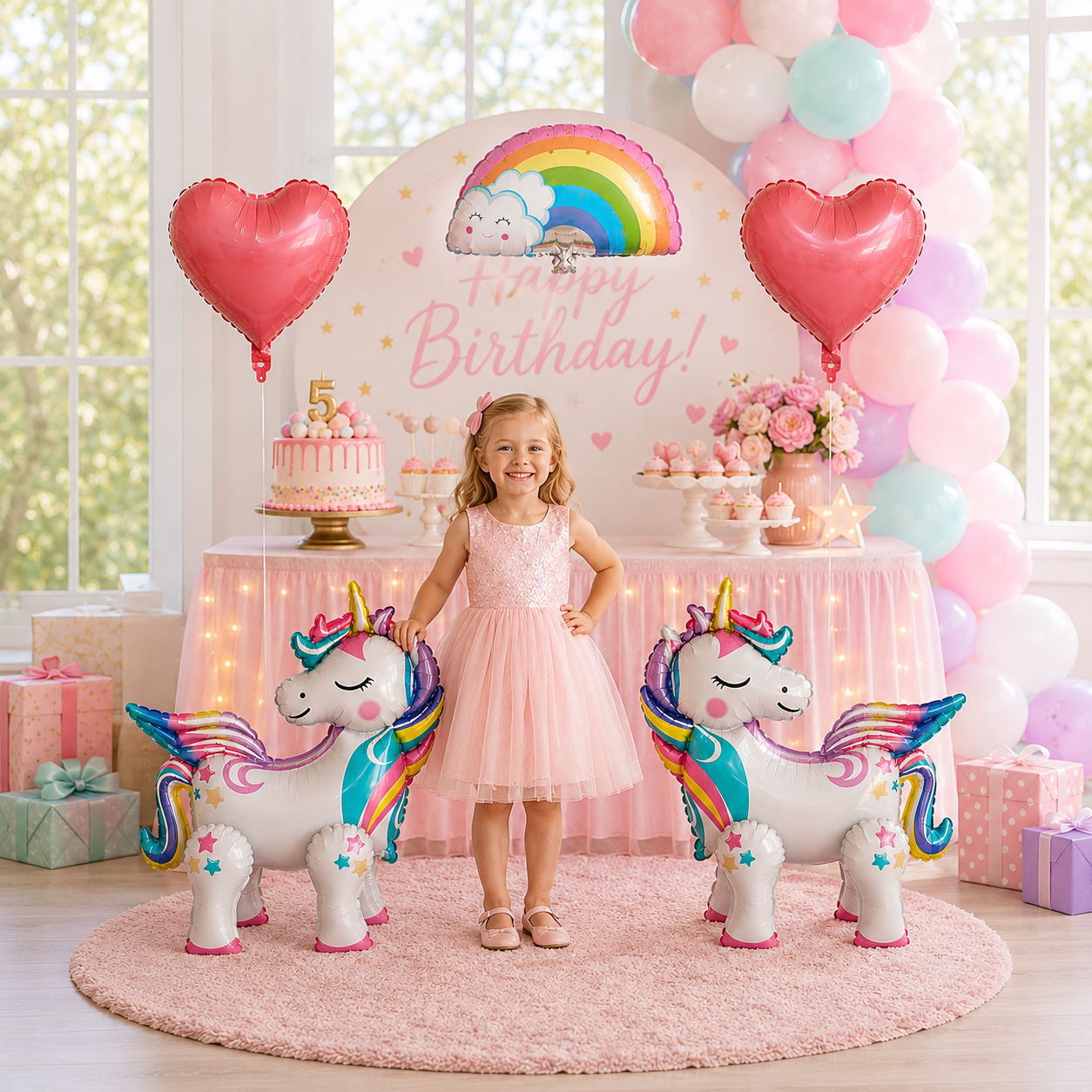 Standing Unicorn Balloons with Rainbow and Heart Balloons Set of 5