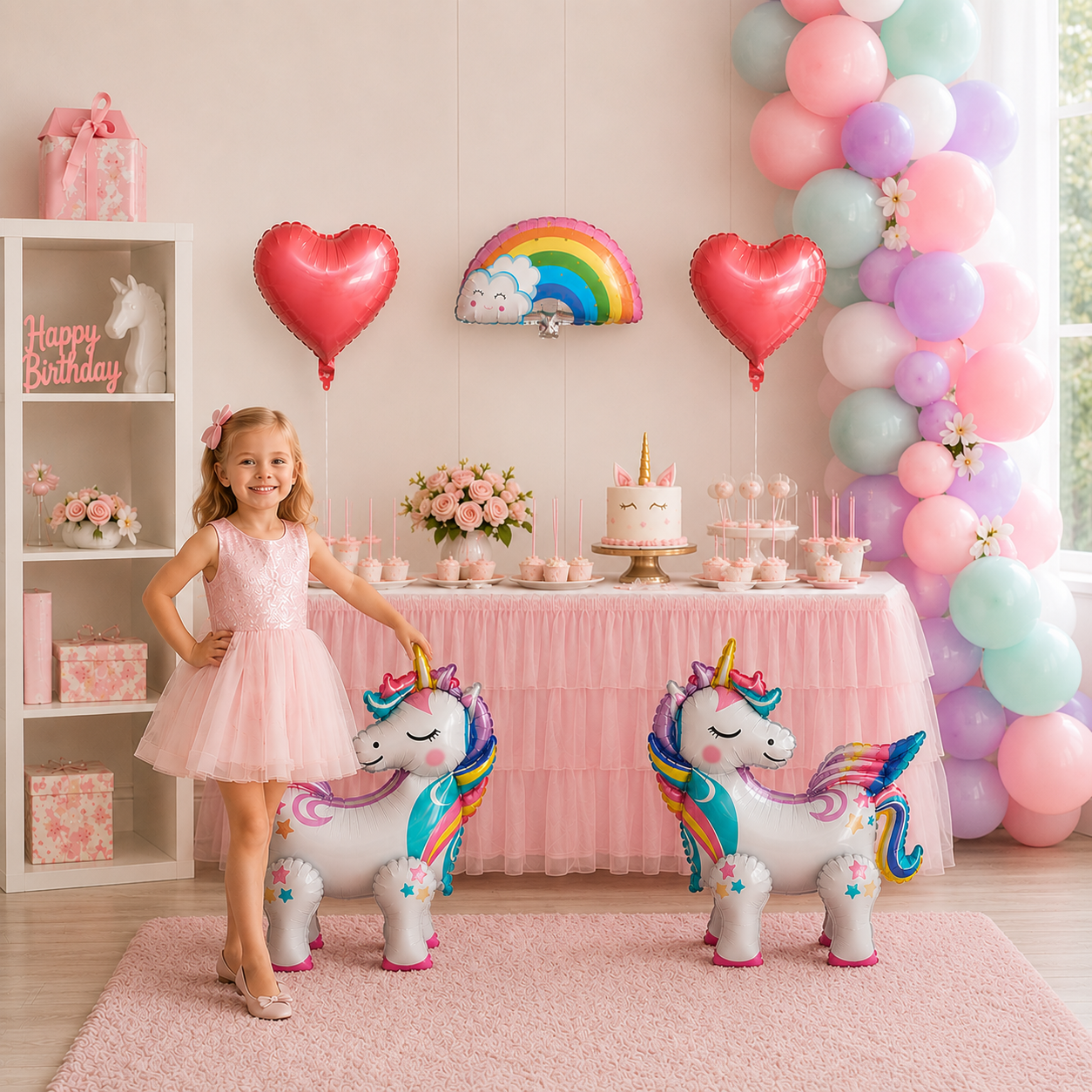 Standing Unicorn Balloons with Rainbow and Heart Balloons Set of 5