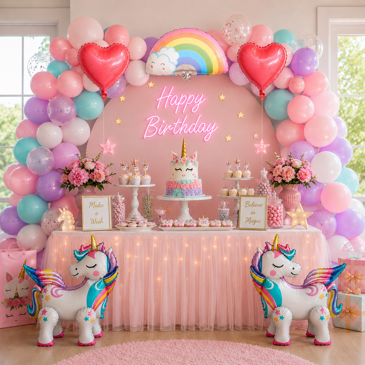 Standing Unicorn Balloons with Rainbow and Heart Balloons Set of 5