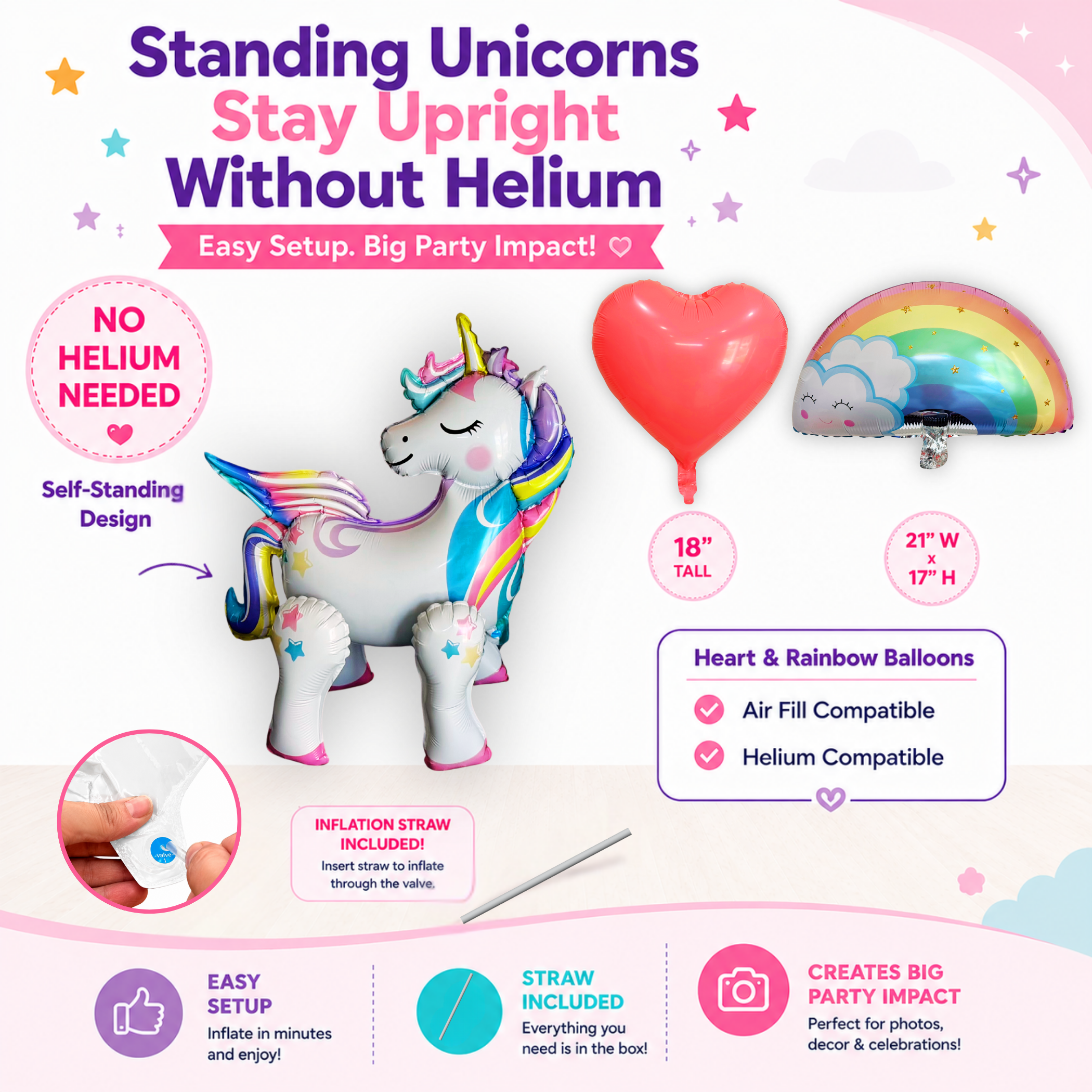 Standing Unicorn Balloons with Rainbow and Heart Balloons Set of 5
