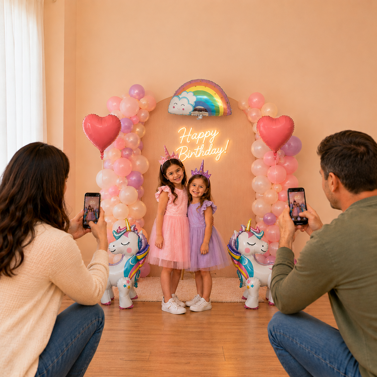 Standing Unicorn Balloons with Rainbow and Heart Balloons Set of 5