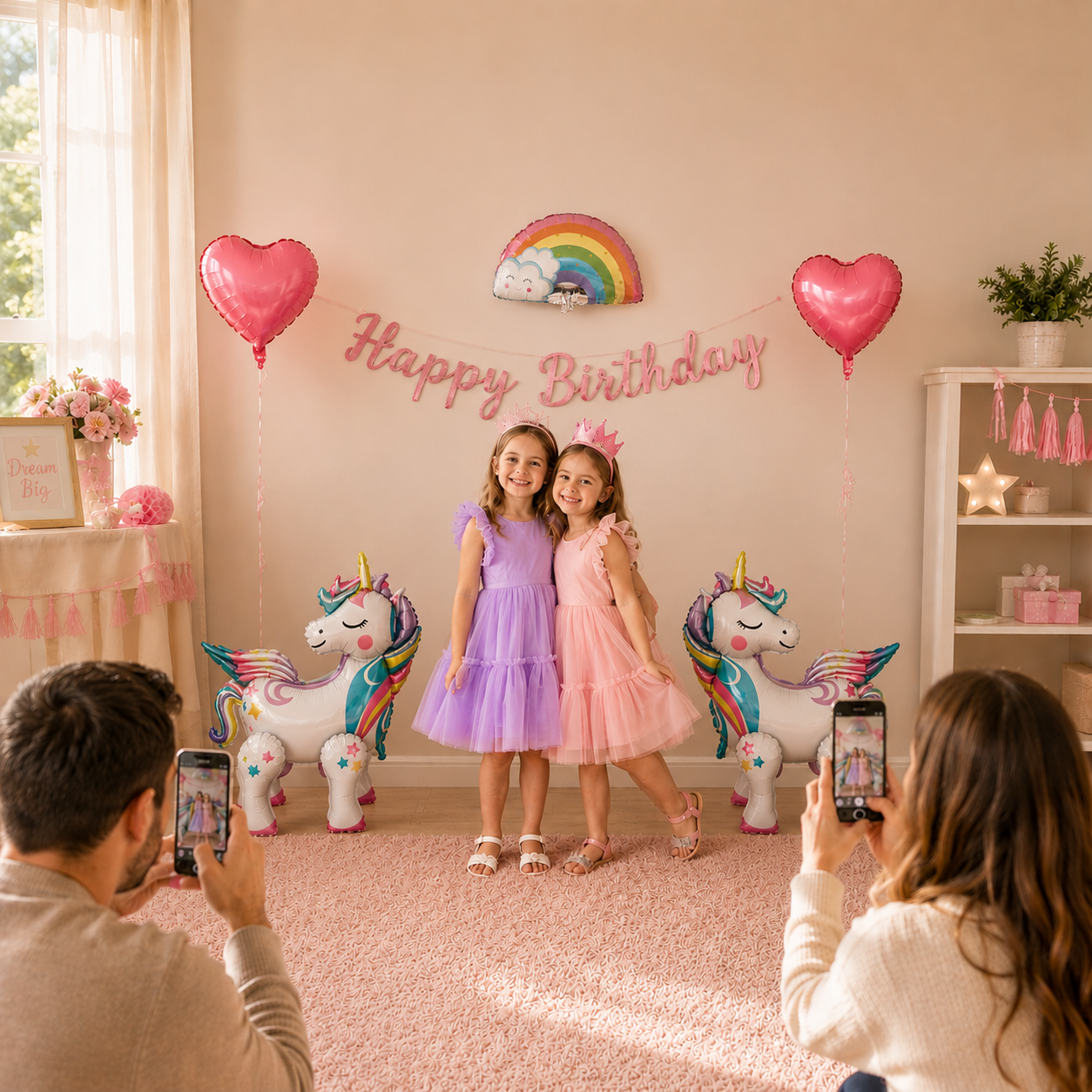Standing Unicorn Balloons with Rainbow and Heart Balloons Set of 5