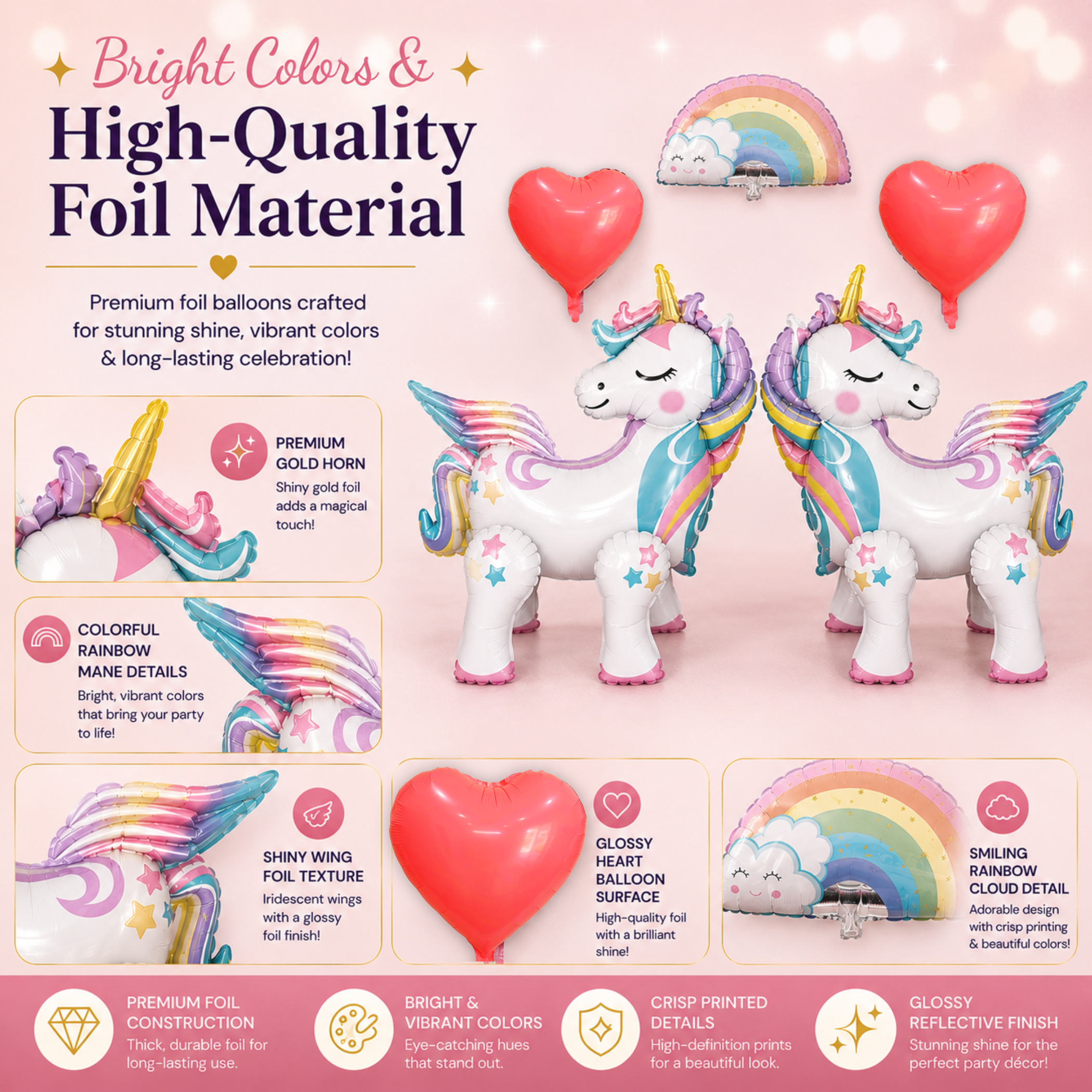 Standing Unicorn Balloons with Rainbow and Heart Balloons Set of 5