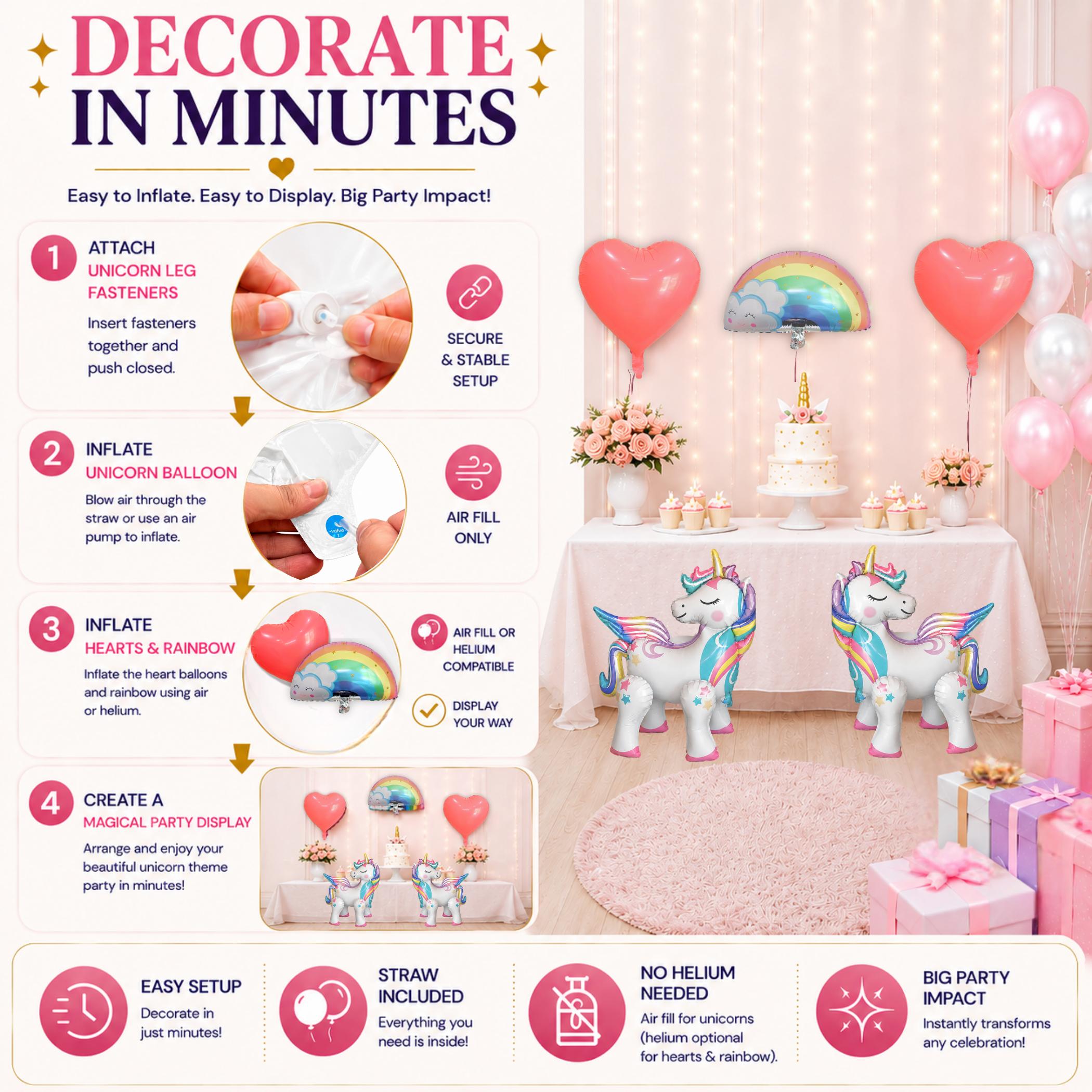 Standing Unicorn Balloons with Rainbow and Heart Balloons Set of 5