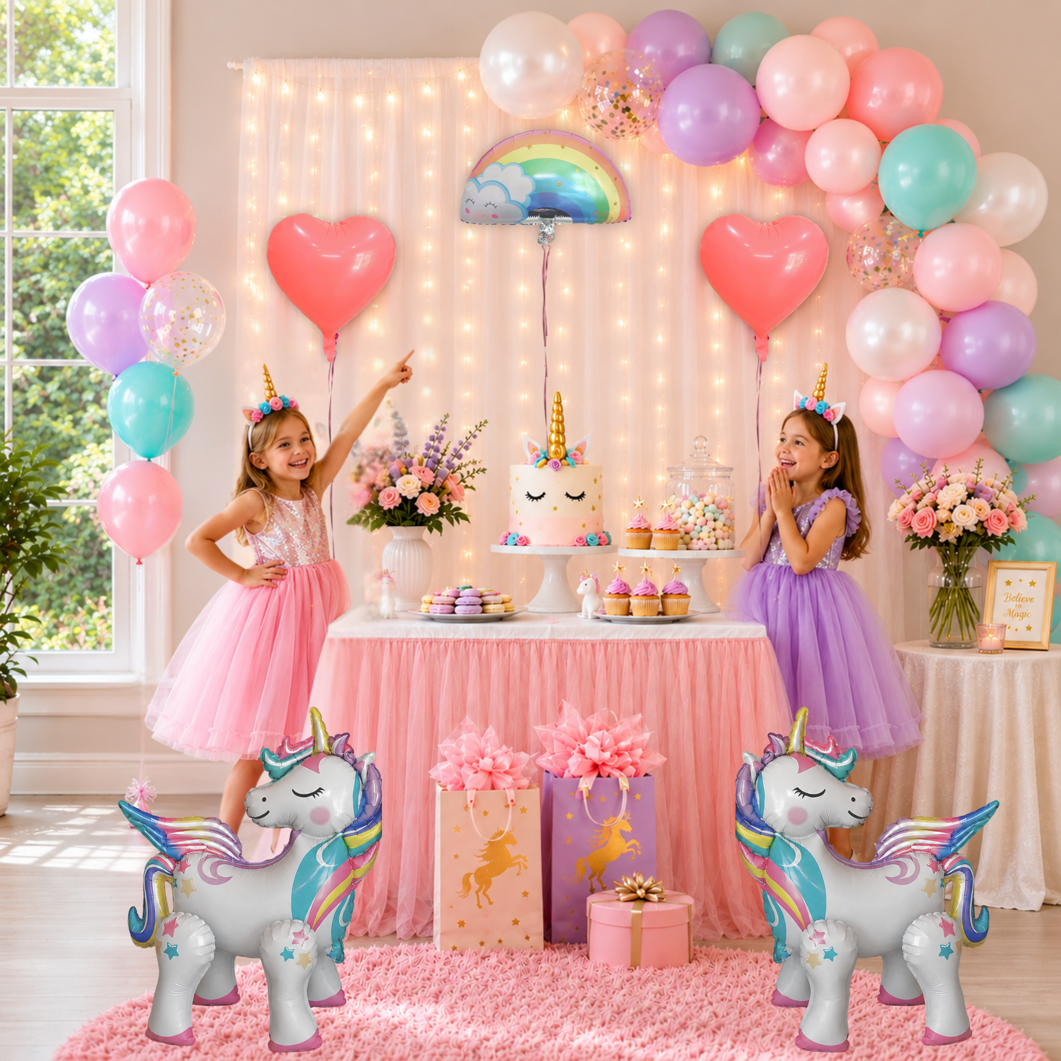 Standing Unicorn Balloons with Rainbow and Heart Balloons Set of 5