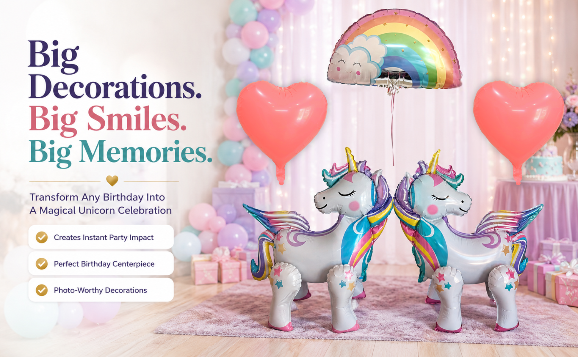 Standing Unicorn Balloons with Rainbow and Heart Balloons Set of 5