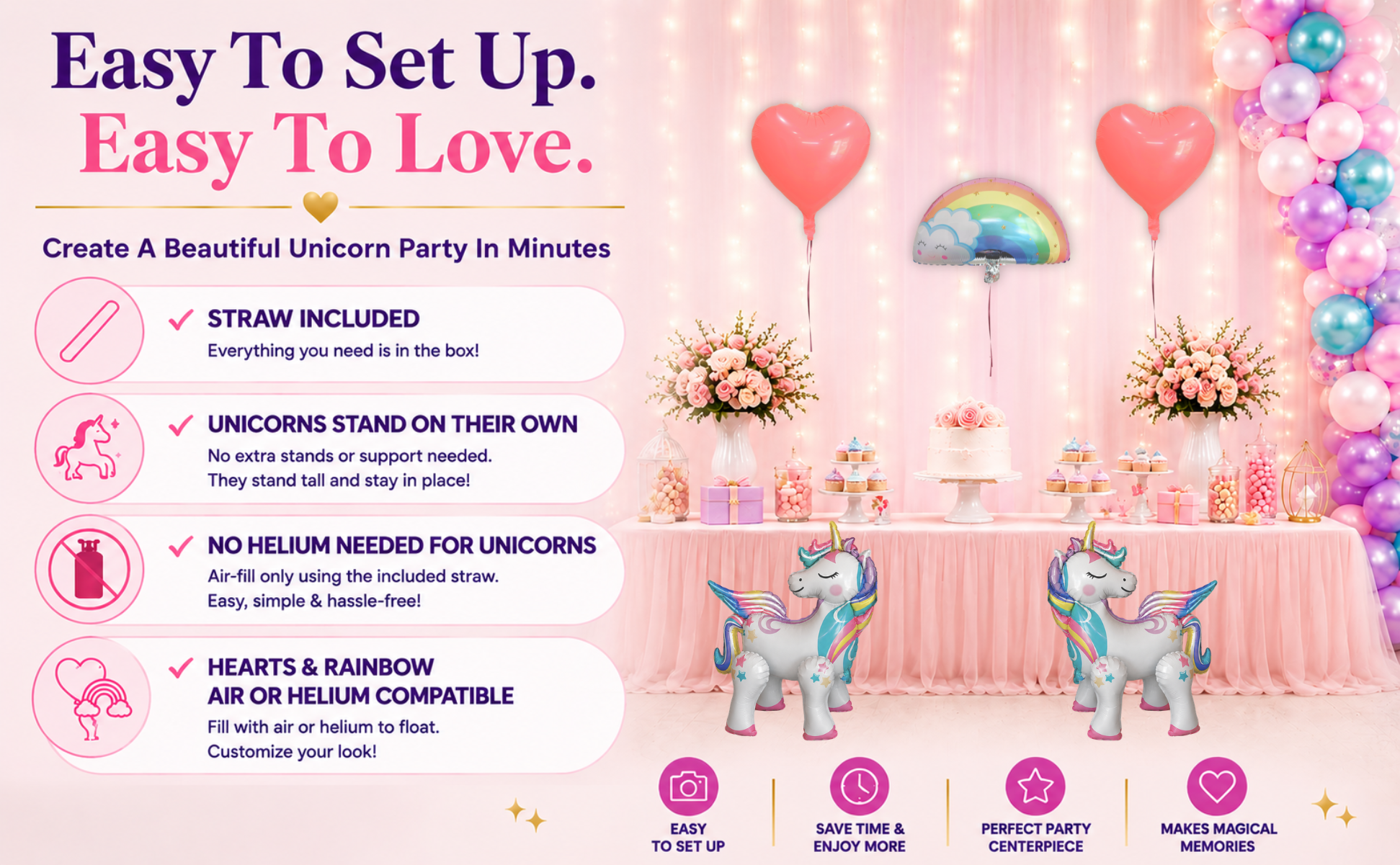 Standing Unicorn Balloons with Rainbow and Heart Balloons Set of 5