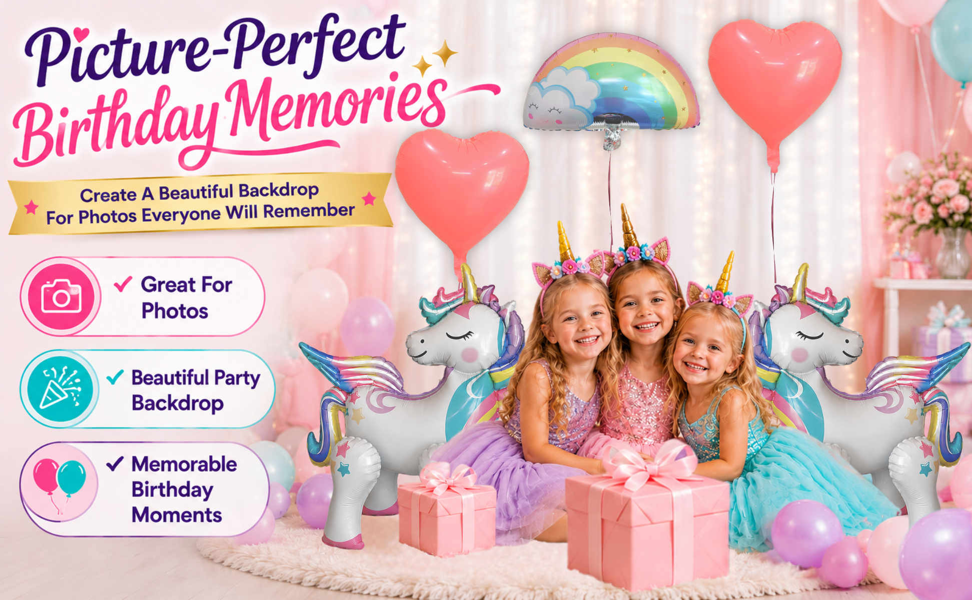 Standing Unicorn Balloons with Rainbow and Heart Balloons Set of 5