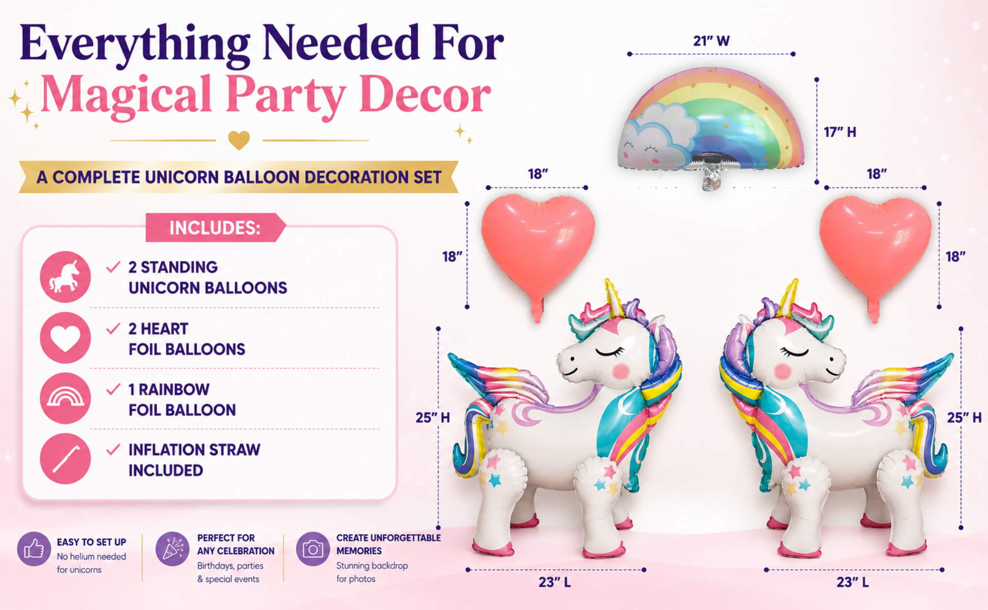 Standing Unicorn Balloons with Rainbow and Heart Balloons Set of 5