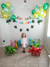 Load image into Gallery viewer, Dinosaur Party Supplies Balloon Set 6 JUMBO Mylar Walking Foil Balloons with Dinosaur Happy Birthday Banner and Decorations
