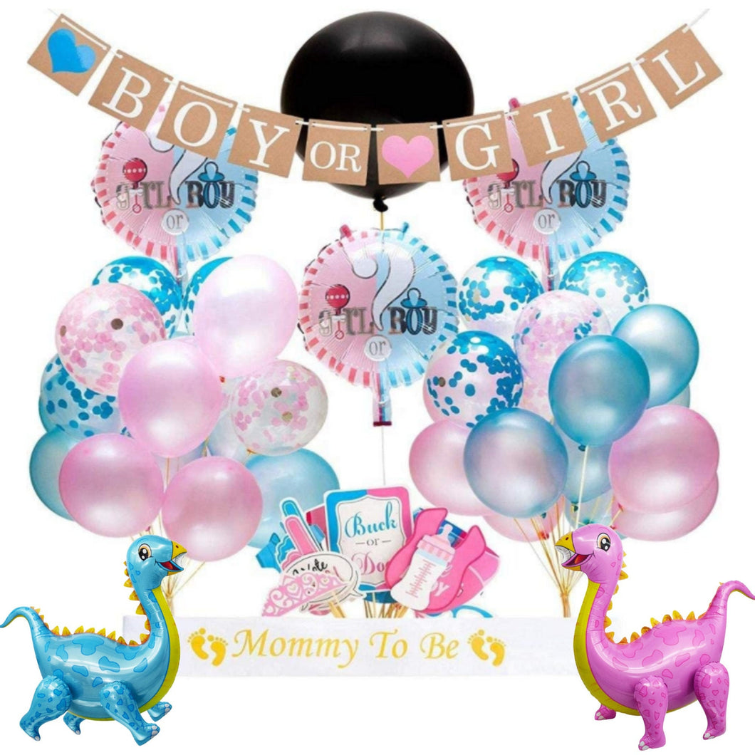 Gender reveal party supplies pink blue dinosaur balloons | Party decorations for celebration with balloons, banner photo props (66 Pieces)