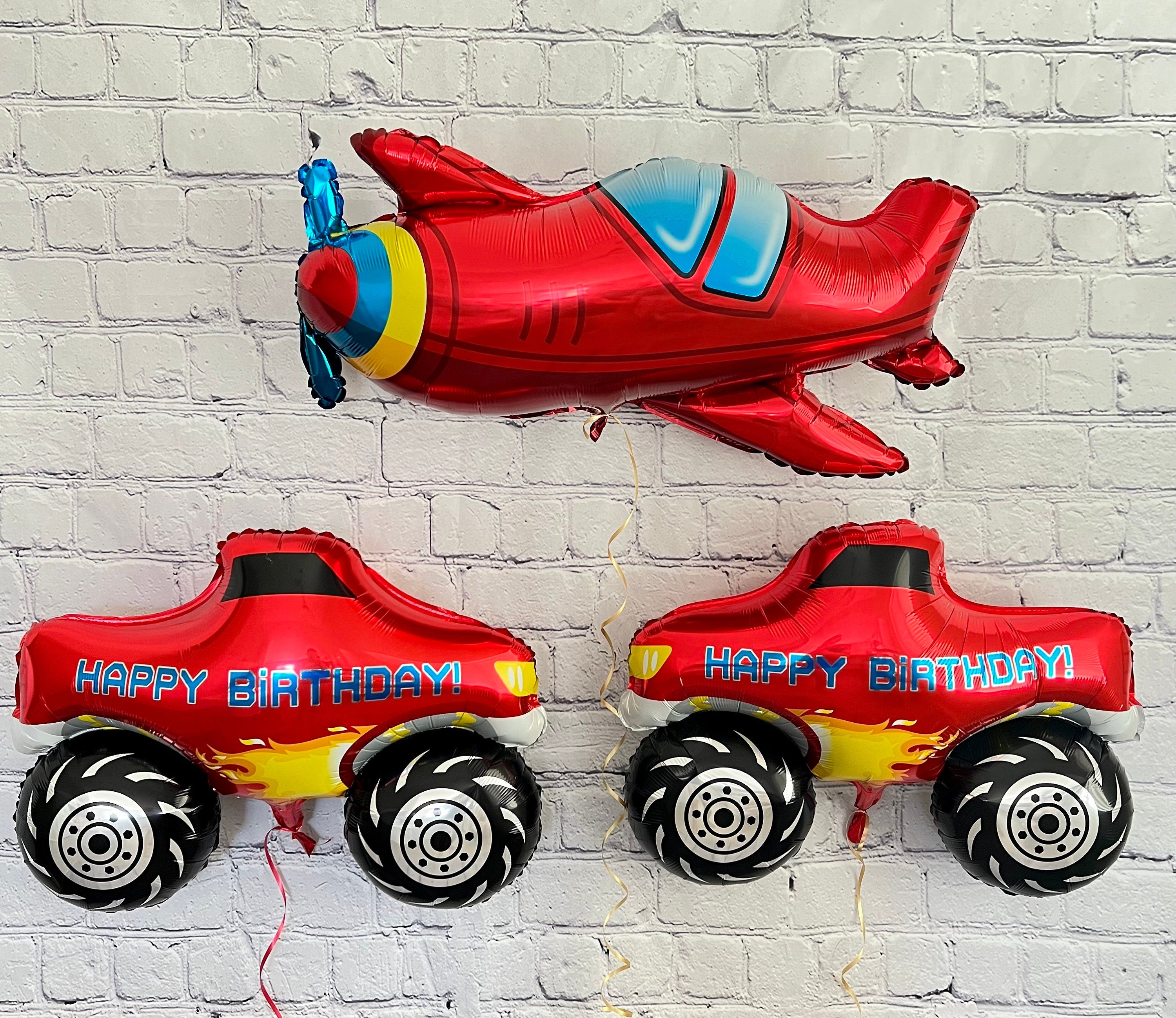 Airplane, Car & Monster Truck Balloons – Foil Party Decor (3-Piece Set)