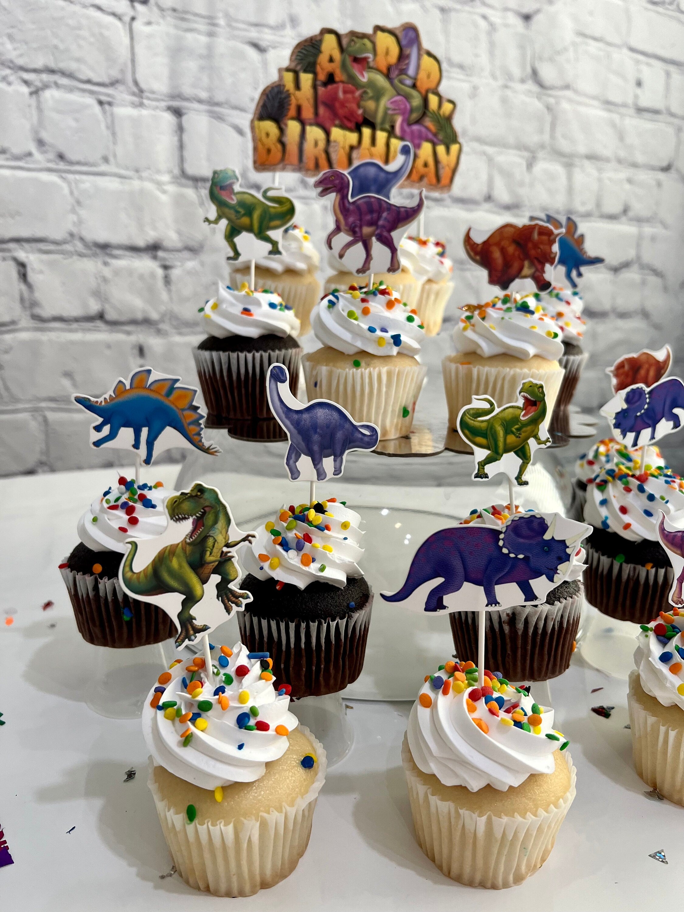 Dinosaur Birthday Cupcake Toppers – Party Cake Decor (15-Piece Set)