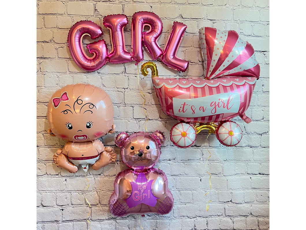Girl Baby Shower Gender Reveal Foil Balloons Party 4 PC Set