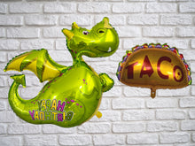 Load image into Gallery viewer, Dragons love tacos balloons for birthday parties fiestas foil balloons mythical dragons
