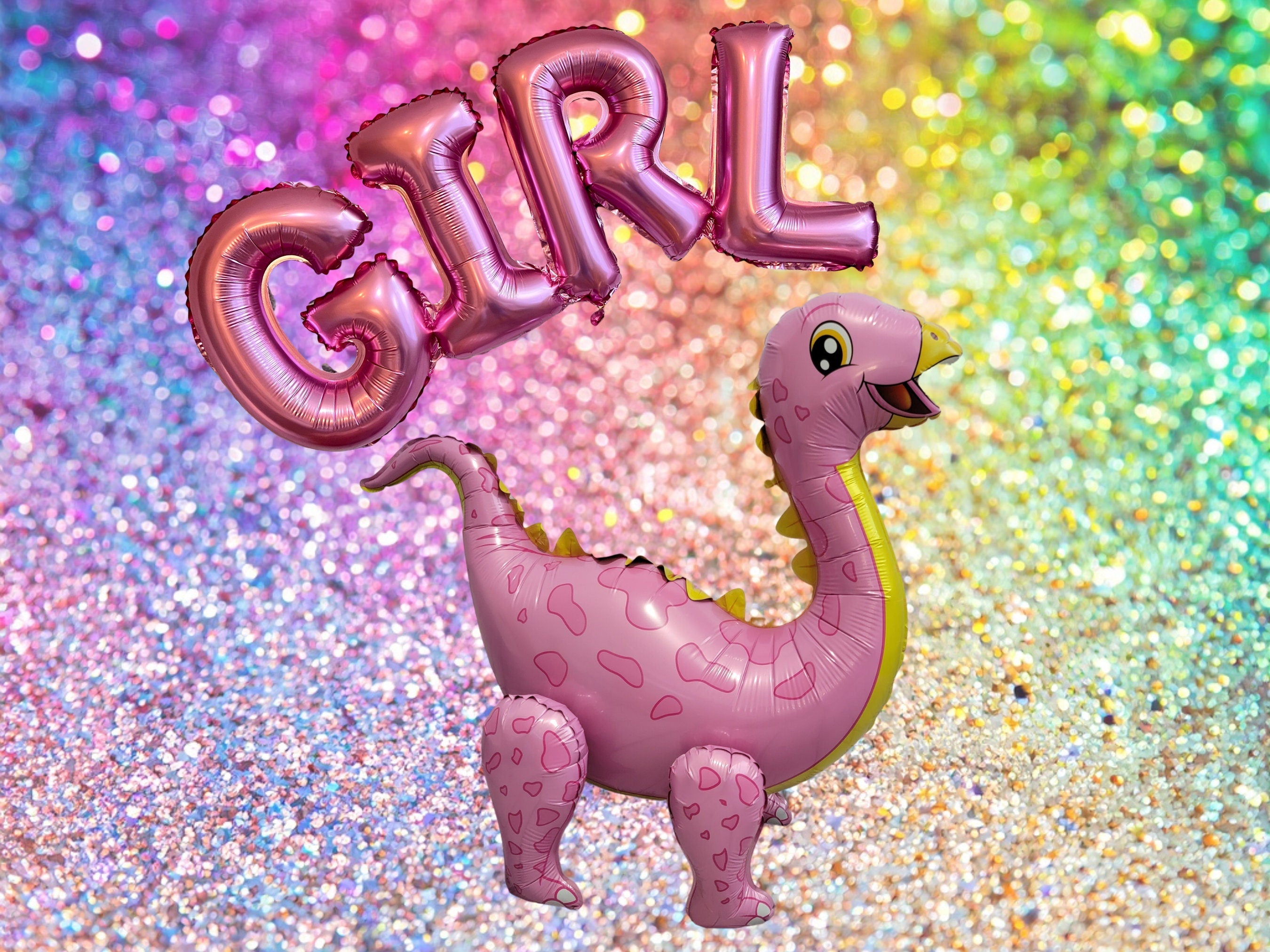 Pink 4D Dinosaur Standing Balloon – Jumbo Foil with Girl Letters