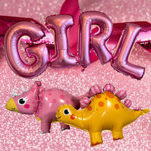 Load image into Gallery viewer, Dinosaur Balloon Mylar Walking Foil Balloons in Pink  and Yellow with Girl Balloon Letters Pink for Baby Shower or Baby Girl Gender Reveal
