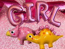 Load image into Gallery viewer, Dinosaur Balloon Mylar Walking Foil Balloons in Pink  and Yellow with Girl Balloon Letters Pink for Baby Shower or Baby Girl Gender Reveal
