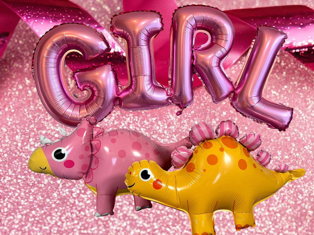 Dinosaur Balloon Mylar Walking Foil Balloons in Pink  and Yellow with Girl Balloon Letters Pink for Baby Shower or Baby Girl Gender Reveal