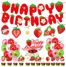 Load image into Gallery viewer, Strawberry birthday party decorations balloons happy birthday banner cupcake toppers | Party supplies and decor signs | Babys first birthday
