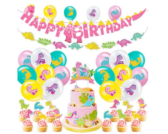 Pink Dinosaur Birthday Party Set – Balloons, Banner & Cupcake Toppers