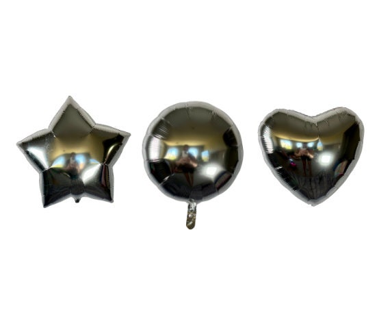 Silver Shaped Foil Balloons – Heart, Star & Round Party Decor