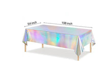 Load image into Gallery viewer, Tablecloth holographic shimmer backdrop disposable rainbow table cover | Party supplies decorations for celebrations birthdays, holidays
