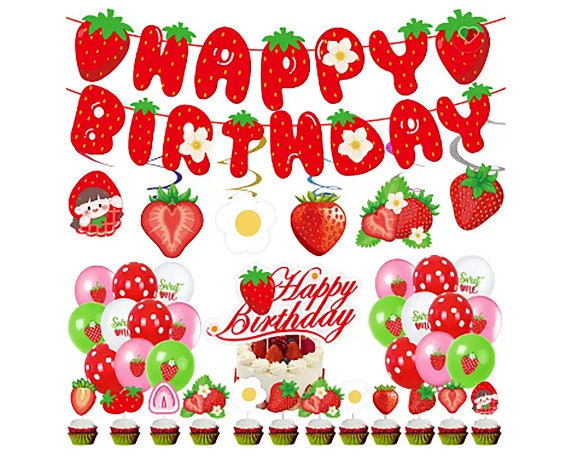 Strawberry birthday party decorations balloons happy birthday banner cupcake toppers | Party supplies and decor signs | Babys first birthday