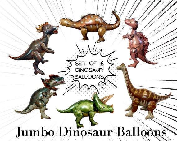 Dinosaur Balloon Set of 6 JUMBO Mylar Walking Foil Balloons | Party Decorations and Supplies | Birthday Baby Shower Gender Reveal
