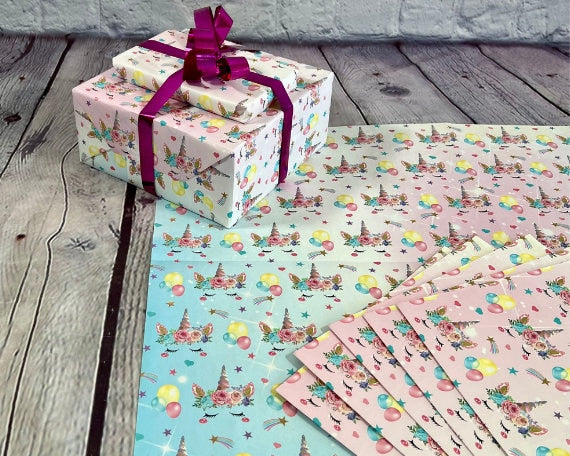 Unicorn Gift Wrapping Paper 3 Sheet Set | Party Decorations and Supplies | Unicorn Birthday Party Baby Shower Gift wrap for Kids Mothers
