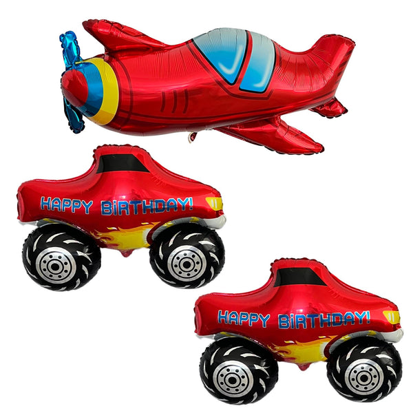 Airplane, Car & Monster Truck Balloons – Foil Party Decor (3-Piece Set)